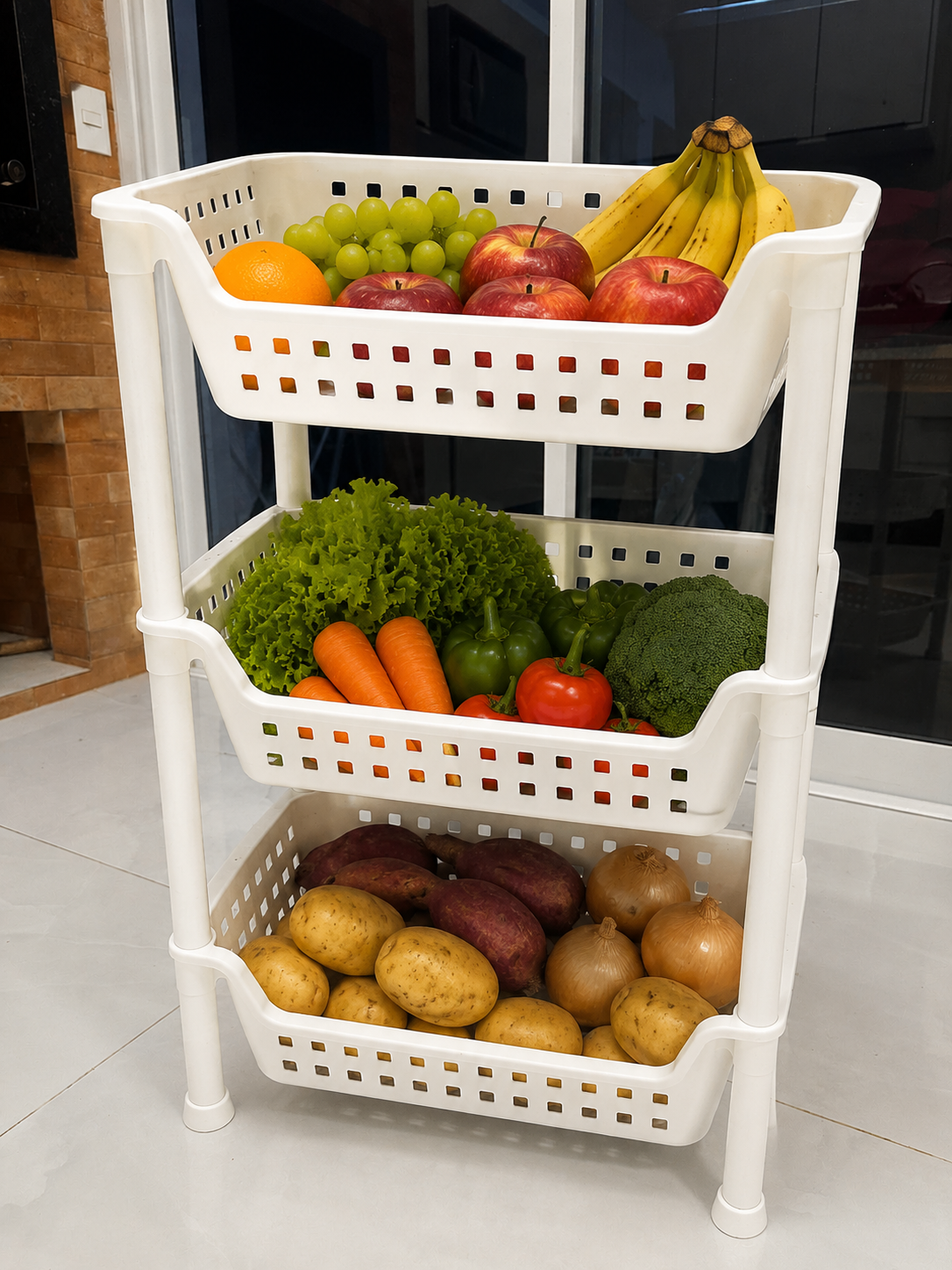 Fruteira Plástica com 3 Bandejas Branca Log Ordene